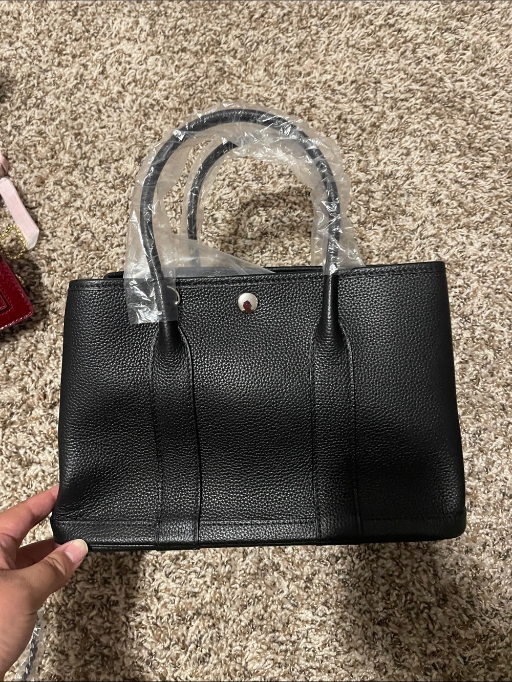 Black Togo Leather Tote Bag - Classic Structured Handbag Long Belt